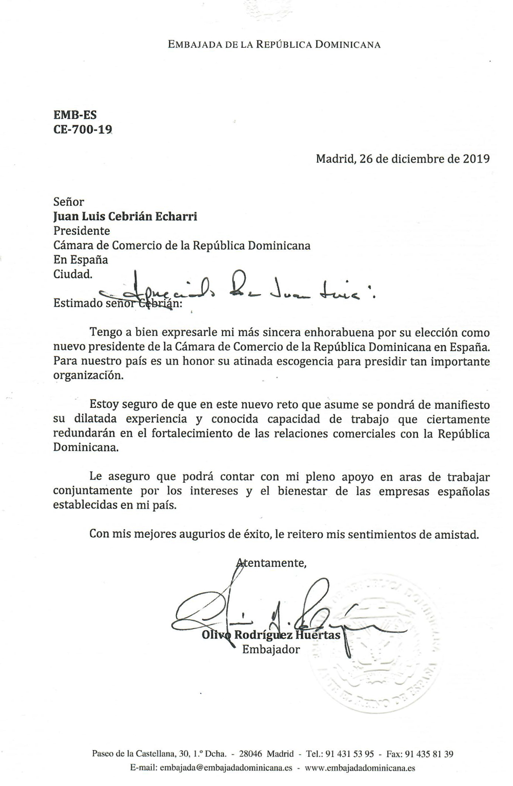 Felicitaciones del Embajador a Juan Luis Cebrian